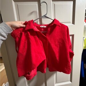 Vibrant Red Corduroy Button-Up Shirt and shorts
